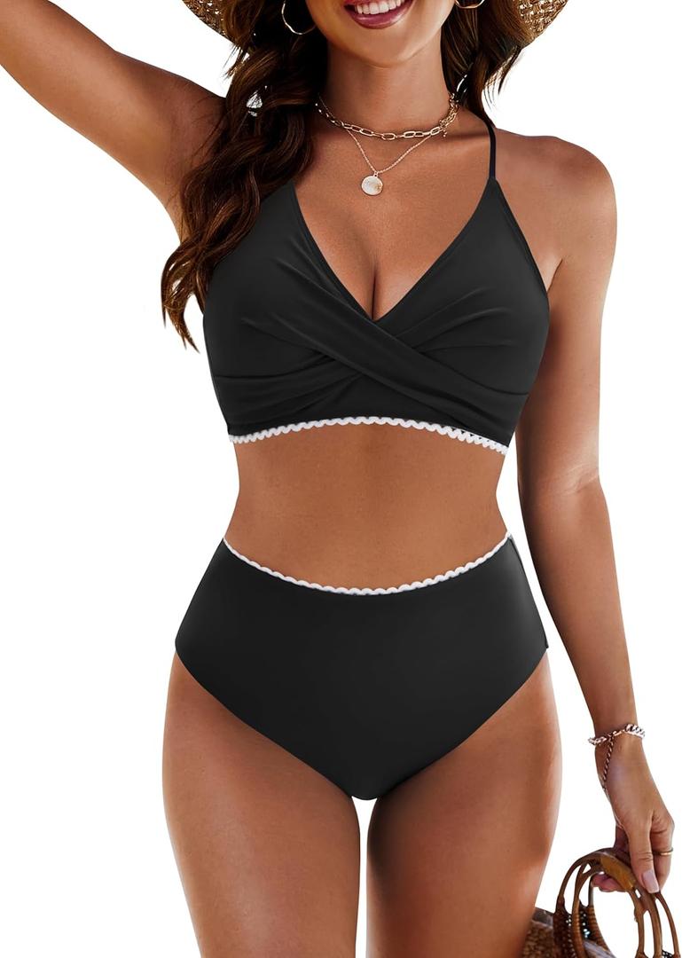 Blooming Jelly Womens Twist High Waisted Bikini Sets Plaid Retro Modest Swimsuits Adjustable 2 Piece Bathing Suits (Medium, Black)