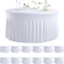 12 pk Round Spandex Tablecloths for 72inch Table, Stretchy Wrinkle Free 132inch Fitted 6FT Round Table Cloths Cover with Skirt for Wedding Birthday Party Banquet Events (White)