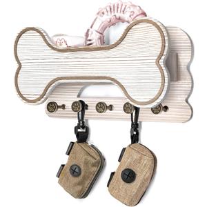 Decorative Dog Leash Holder for Wall - Creative Doggie Bone Shape Key Holder Wall Mount with Dog Stuff Storage Shelf & 5 Cute 3D Puppy Paw Hooks - Ideal for Room Decor (White)