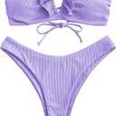 ZAFUL Women's Strapless Ribbed V Wired Lace Up Ruffle Tie High Cut Bandeau Swimsuits Bikini Set (Large, 0-white)