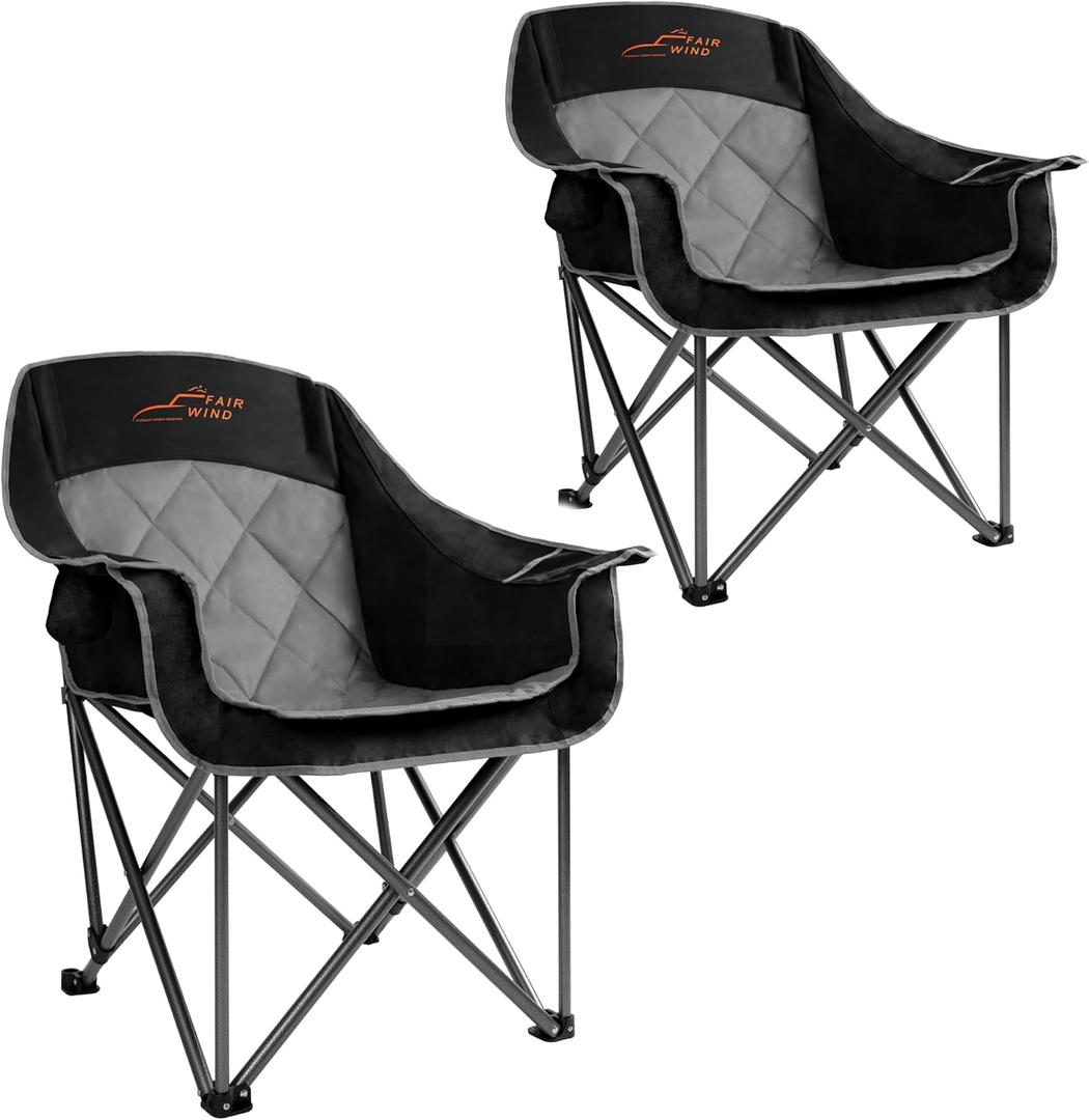 FAIR WIND 2 Pack Oversized Padded Camping Chair Heavy Duty Quad Fold Arm Chair Portable for Outdoor - Support 450LBS, Black (Twin Pack)