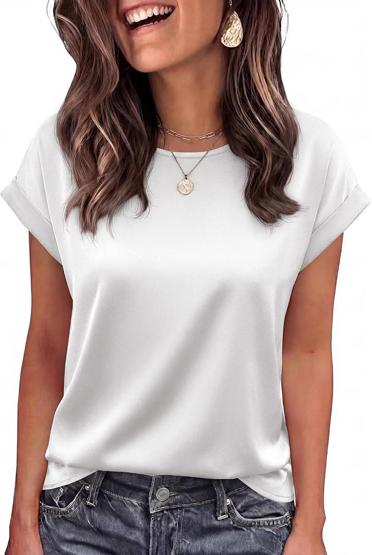 BTFBM Summer Tops for Women 2026 Dressy Satin Blouses Loose Crew Neck Short Sleeve Shirts Work Business Casual Outfits (L)