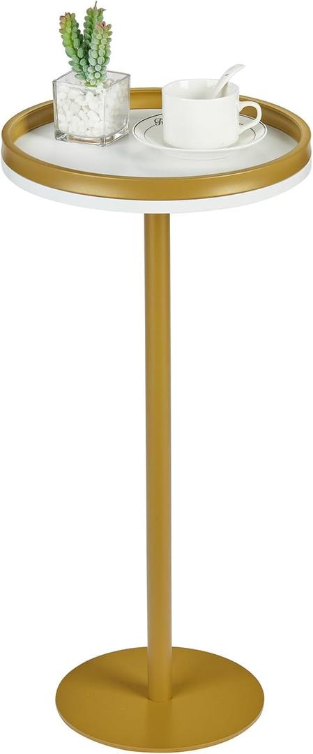 Round Drink Table,Small Pedestal Table,Small Round Side Table for Narrow Spaces,Martini Table for Living Room, Bedroom, Bathroom,Balcony (White + Gold)