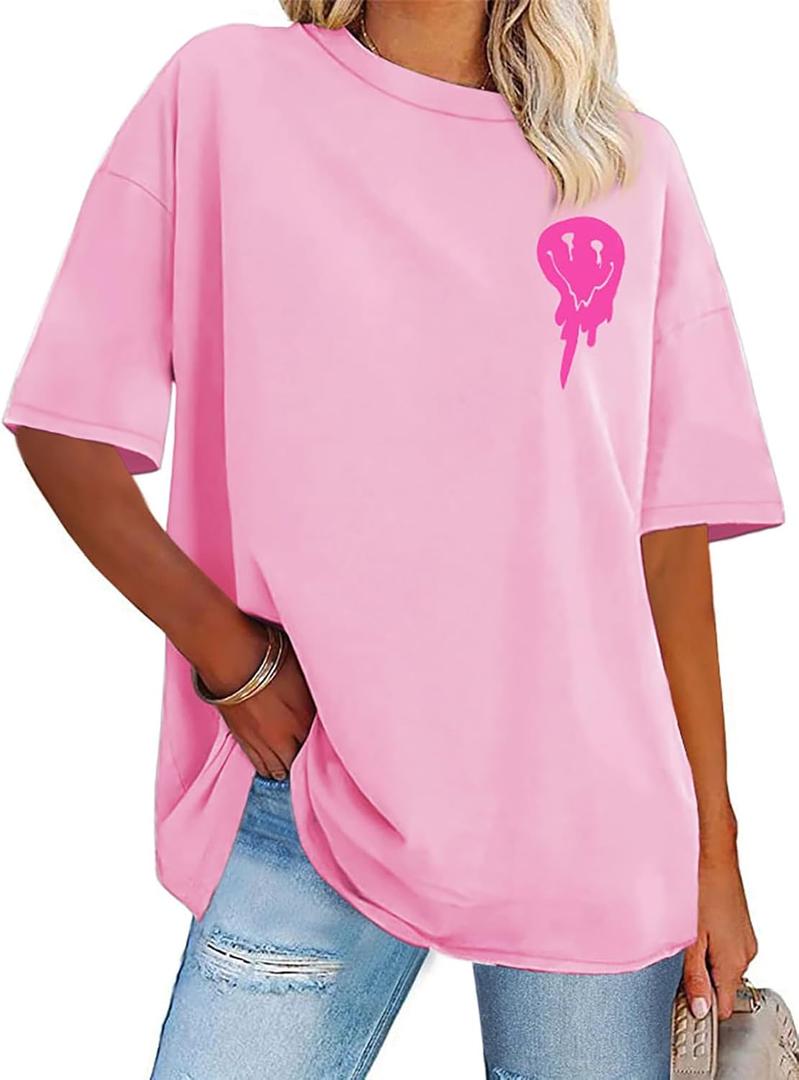 Womens Oversized Tshirt Graphic Tees Crew Neck Summer Short Sleeve Loose Fit Tops (XX-Large, A-letter Print Pink)
