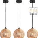 3 Pack Wicker Pendant Light Natural Woven Pendant Light Boho Chandelier Light Fixture Dome Rustic Farmhouse Pendant Lights Rattan Light Fixture for Dining Room Kitchen Island (Bulb Incl.)