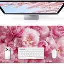 Desk Mat Desk Pad for Keyboard and Mouse, 31.5 x 15.7 in, Pink Peony Floral PU Leather Computer Protector, Non-Slip Base, Waterproof, Easy Clean for Office Gaming, Mouse Pad