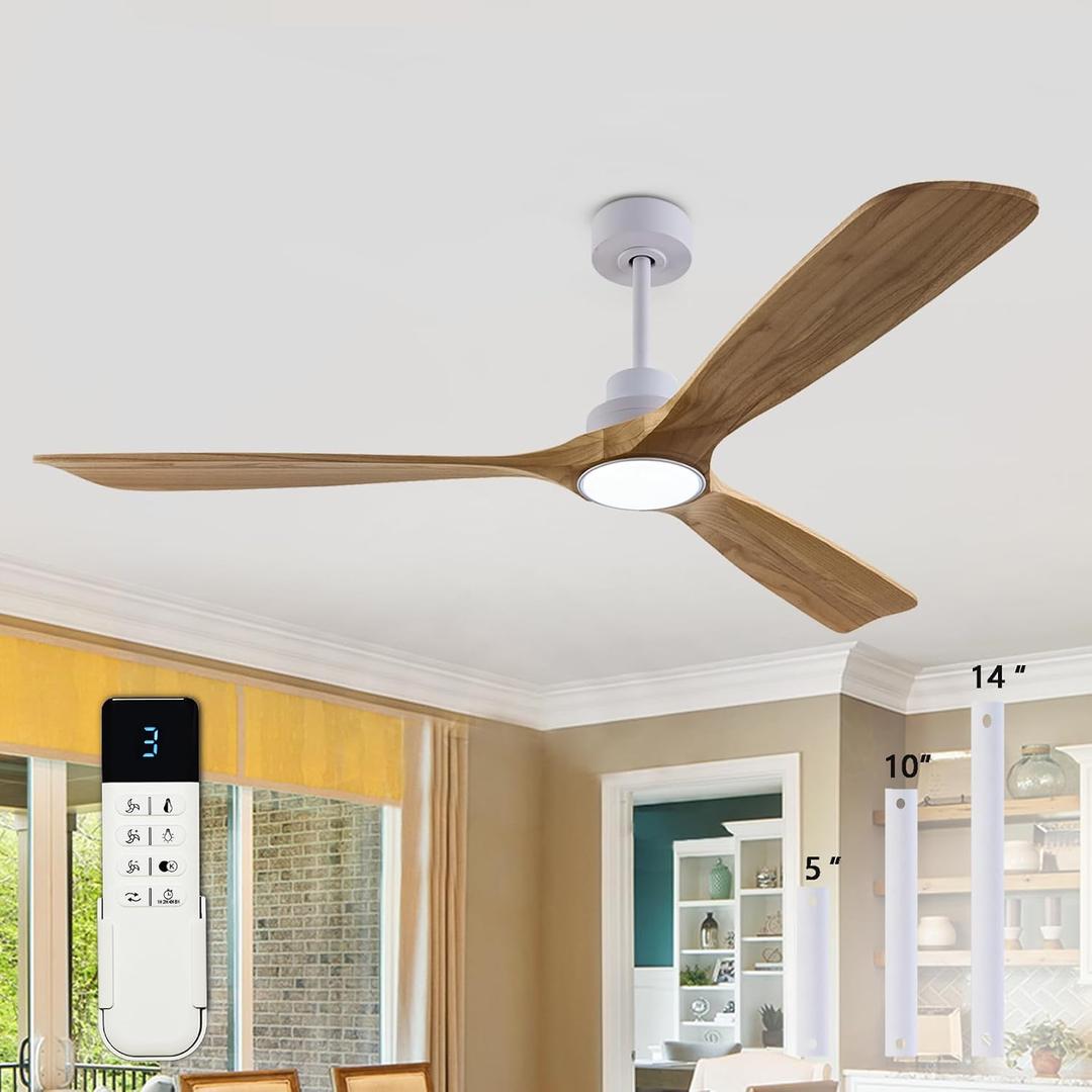 60" Modern Ceiling Fan with Lights Remote Control(FCC) ,Dimmable Dimmable Quiet-operation DC Motor 3 Blades Wood Ceiling Fans for Patio Livingroom, Bedroom, Office,Indoor Outdoor(Log wood+White)