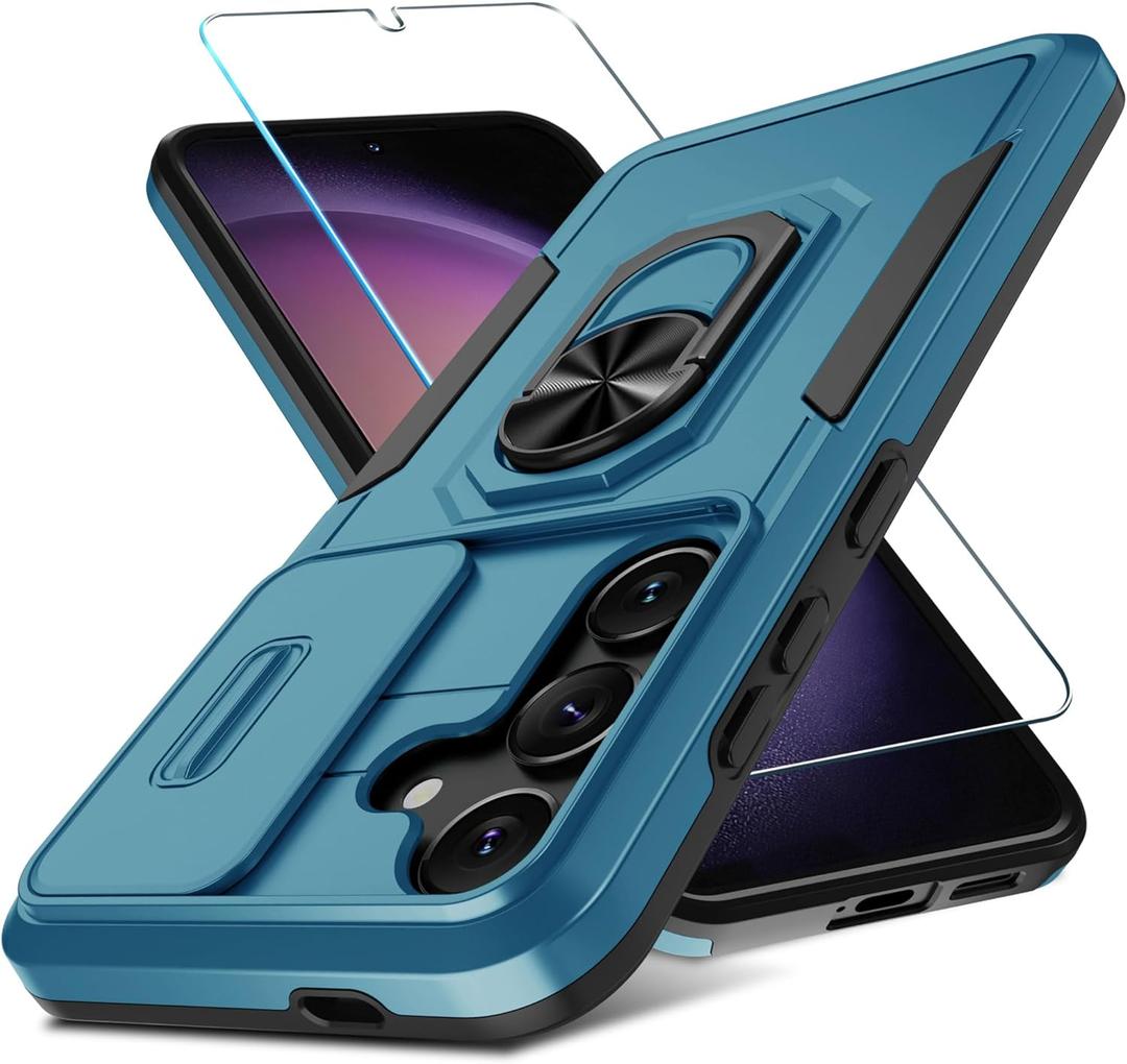 Janmitta Compatible with Samsung Galaxy S24/S25 Case Built in Slide Camera Lens Cover+Screen Protector+Ring Holder,Heavy Duty Shockproof Full Body Phone Cover,2025 Blue (for Samsung S24/S25, y Blue)