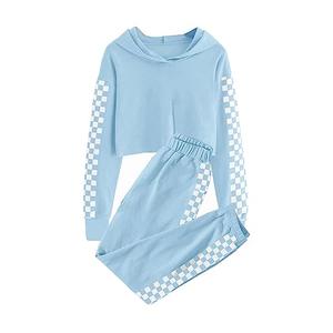 Meikulo Crop Tops for Teen Girls Hoodies Two Piece Outfits Tracksuit Activewear Kids Cute Long Sleeve Sweatshirts Sweatpants Blue, 7-8 Years