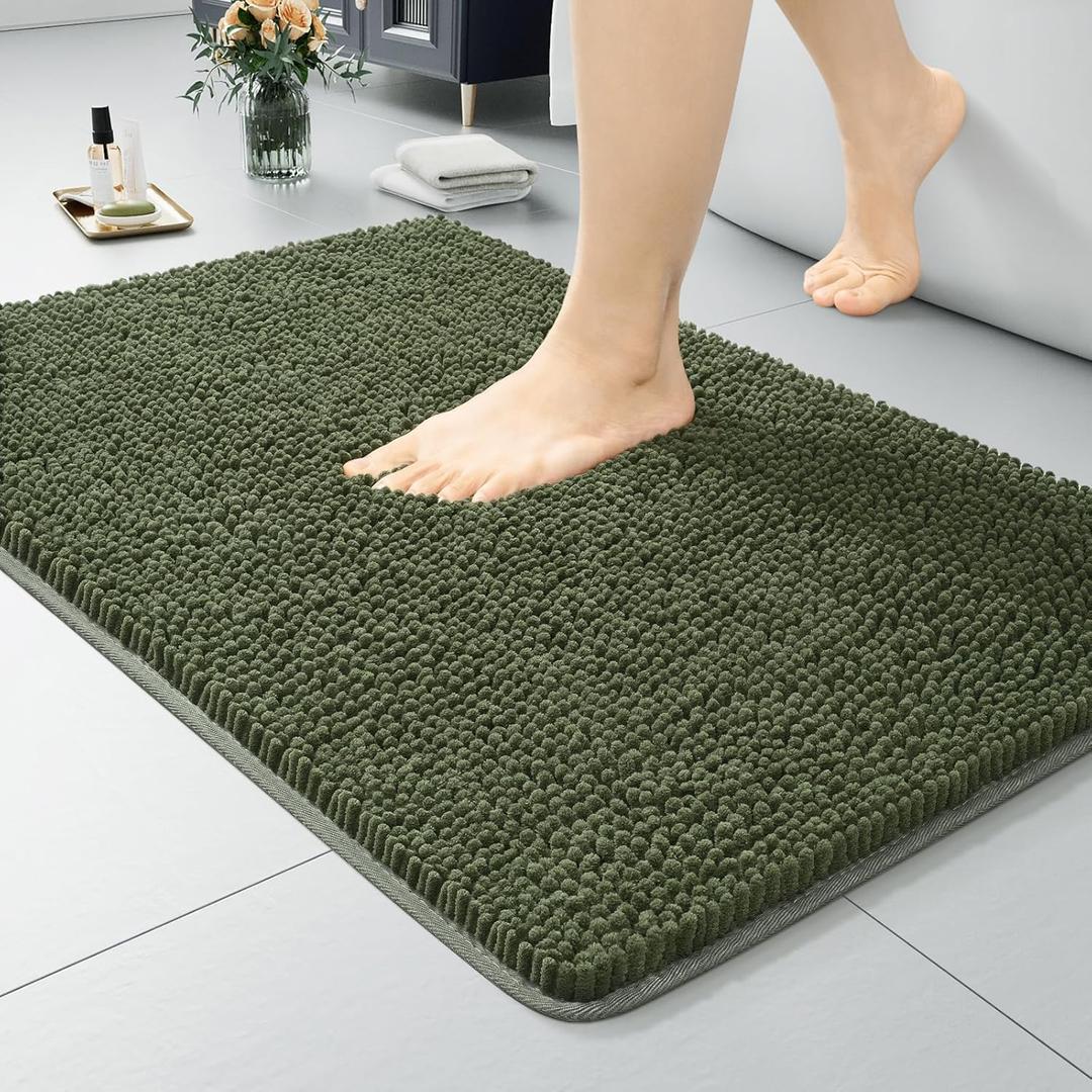 LOCHAS Luxury Bathroom Rug Shaggy Bath Mat 24 x 36 Inch, Washable Non Slip Bath Rugs for Bathroom Shower, Soft Plush Chenille Absorbent Carpets Mats, Olive Green