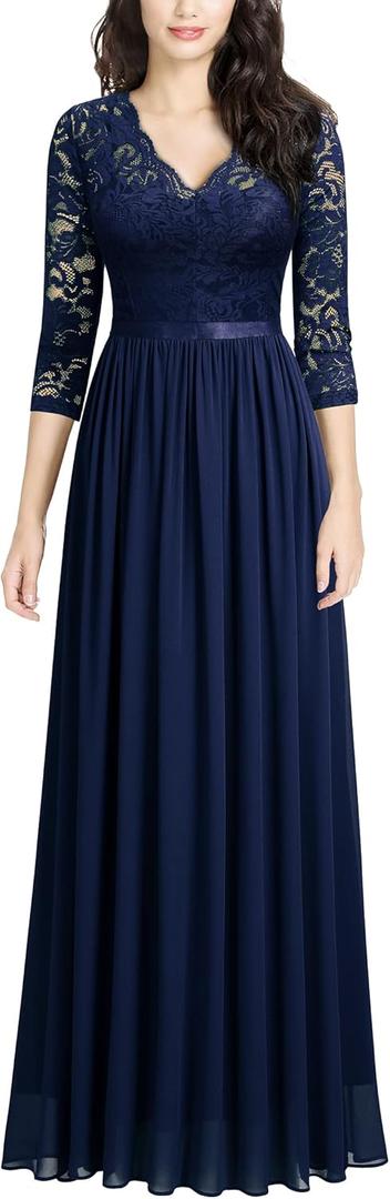 MISSMAY Women's Vintage Floral Lace V Neck Evening Bridesmaid Formal Long Dress (XXL)