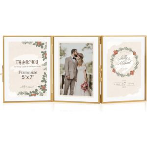 Gold Floating Frames, Vintage 5x7 Triple Folding Picture Frame, Hinged Glass Picture Frames with Three Opening for Artwork Photo Stand on Tabletop