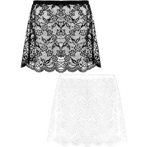 Fourluoo 2 Pcs Lace Shirt Extender for Women Underskirt Black and White Ruffle Mini Skirt Adjustable Layering Half Slip (Classic Style,L)