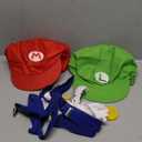 Red and Green Hat Costume Accessories Halloween Women Mens Kit with Hat, Mustaches, Suspenders, Gloves Buttons Adult