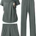 Rnxrbb 3 Piece Women's Maternity Nursing Pajamas Set V Neck Breastfeeding Pjs Sleepwear Postpartum Shorts&Pants Pockets (Medium, Cyangray)