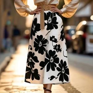 Women's Casual Skirts High Waisted A-Line Swing Skirts Vintage Floral Print Skirts (Black), L