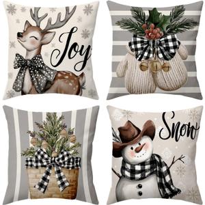 Rustic Christmas Holiday Throw Pillow Covers 18x18 Couch Cushion Covers, Pastel Country Striped Decorations for Porch Home, Xmas Reindeer Tree Snowman Farmhouse Pillow Cases Winter Decor Set of 4