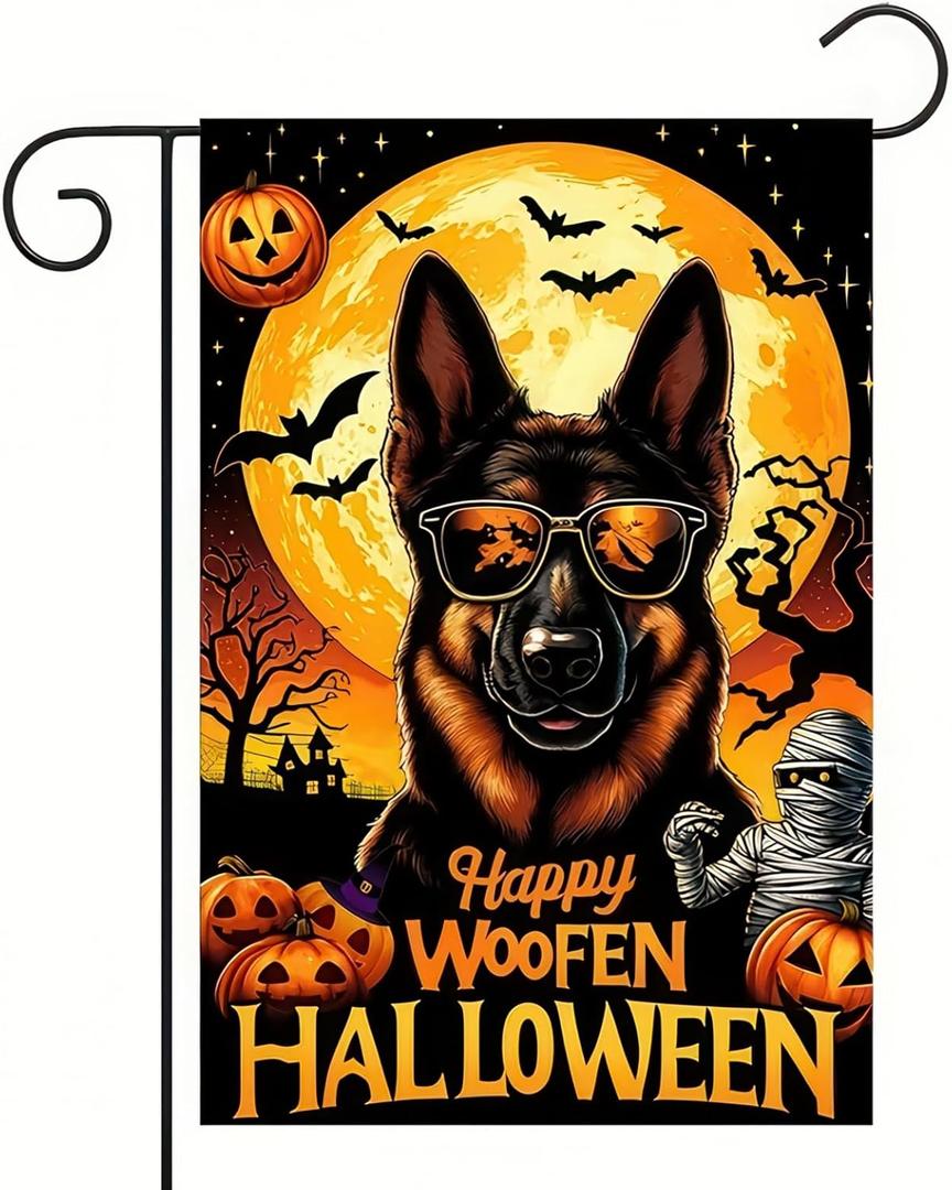 Halloween Garden Flag Double Sided 12x18 Flag Dog Flower Halloween Garden Flag German Shepherd With Sunglasses And Happy Woofen Halloween Flag Halloween Outdoor Decor Dog Lover Lawn Yard Banner