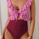 Eomenie One Piece Swimsuit for Women Tummy Control Ruffle Bathing Suit V Neck Ruched Swim Suit Slimming Cutout Swimwear (Red, L)