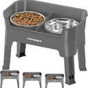 URPOWER 3-in-1 Elevated Dog Bowls - Mess Proof Double Deck 4 Height Adjustable Raised Stand with 2 Stainless Steel Food Bowls and Licking Plate for Small Medium & Large Dogs (Grey)