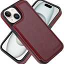 MONASAY Flip Wallet Case Compatible for iPhone 15 5G, [Glass Screen Protector Included] [RFID Blocking] Leather Cell Phone Cover with Credit Card Holder and Magnetic Clasp, Burgundy