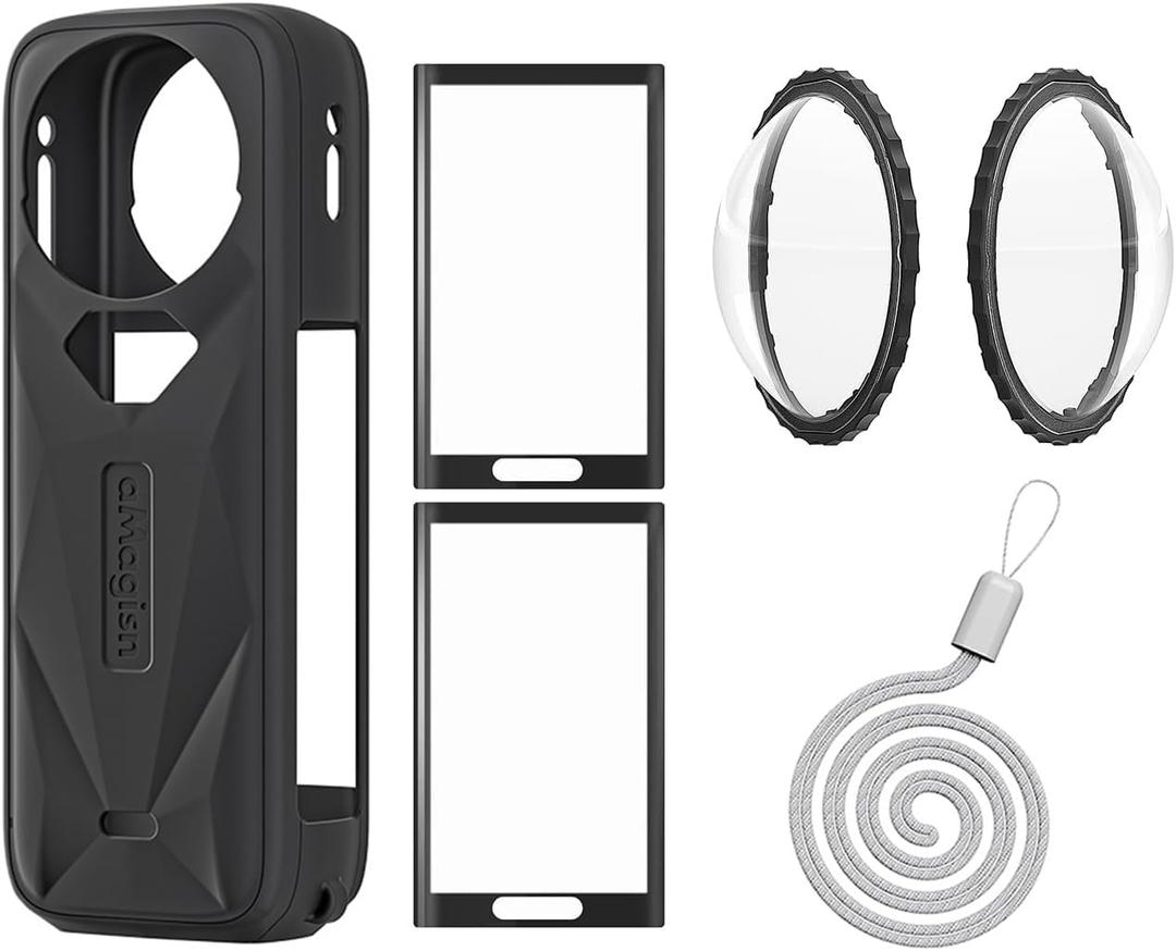 Insta 360 X5 Lens Guards Cap Silicone Case and Screen Protectors Compatible with Insta360 X5 Black (Black)