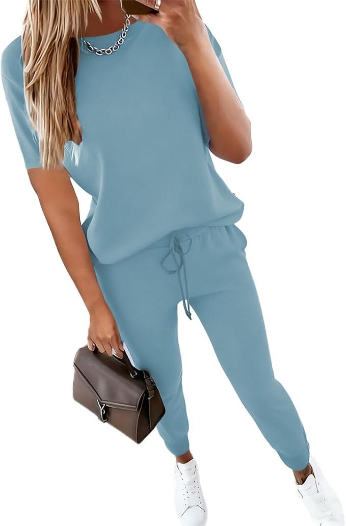 HBQ Women's Color Block 2 Piece Outfits Summer Travel Tracksuit Short Sleeve Tops High Waisted Jogger Pants Lounge Sets-Light Blue-L