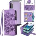 Asuwish Phone Case for Samsung Galaxy S20 5G 6.2 inch Zipper Wallet Detachable Cell Cover with Tempered Glass Screen Protector Crossbody Strap Flower Card Holder S 20 20S UW S2O G5 Women Girls Purple