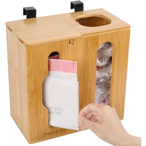 Trash Bag Dispenser & Grocery Bag Holder -2 in 1-Bamboo Plastic Bag Holder with Large Storage Capacity and Wall-Mounted Design, Grocery Garbage Bag Organizers for Kitchen and Laundry Room Organization