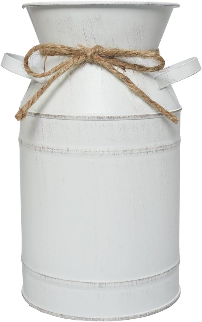 Rustic Shabby Chic Vase, White Small Vintage Metal Milk Can Vase Pitcher Wedding Decorative Flower Vase Farmhouse Home Decor