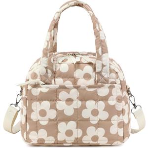 LEDAOU Lunch Box for Women Lunch bag Quilted Puffer Insulated Lunch Box with Adjustable Strap Reusable LunchBox for Work School Picnic Travel (Big Flower Brown)