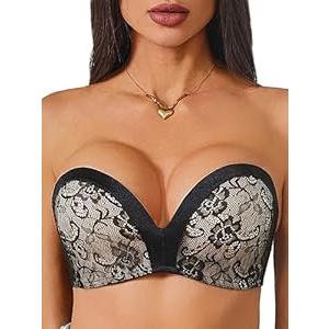 zossav Lace Strapless Bra Non-Slip No Underwire Padded Bandeau Two Tone Effect Convertible Straps 38B