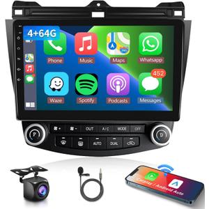 4G+64G Car Radio Stereo for Honda Accord 2003-2007, Wireless CarPlay Android Auto 10.1 Inch IPS Touch Screen Android 13 GPS Head Unit WiFi Bluetooth DSP Audio USB Dual Mic HD Rear Camera