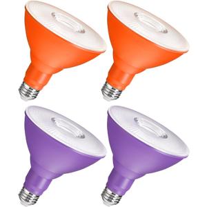 4-Set PAR38 LED Floodlights, Purple and Orange LED Bulbs, 18W Dimmable (120W Equiv.), E26 Base, Festival-Ready for Halloween, Christmas and Creative Parties, GZ04R3P405