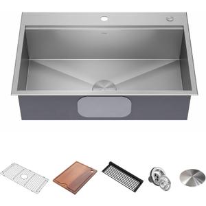 KRAUS Kore 33-in Drop-In Workstation 16 Gauge Stainless Steel Single Bowl Kitchen Sink with Accessories