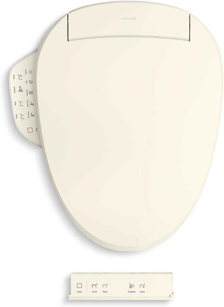 KOHLER PureWash E725 Elongated Heated Bidet Toilet Seat, White with Remote, Quiet-Close Lid, Self-Cleaning Wand, Adjustable Water Pressure and Nightlight (Biscuit)