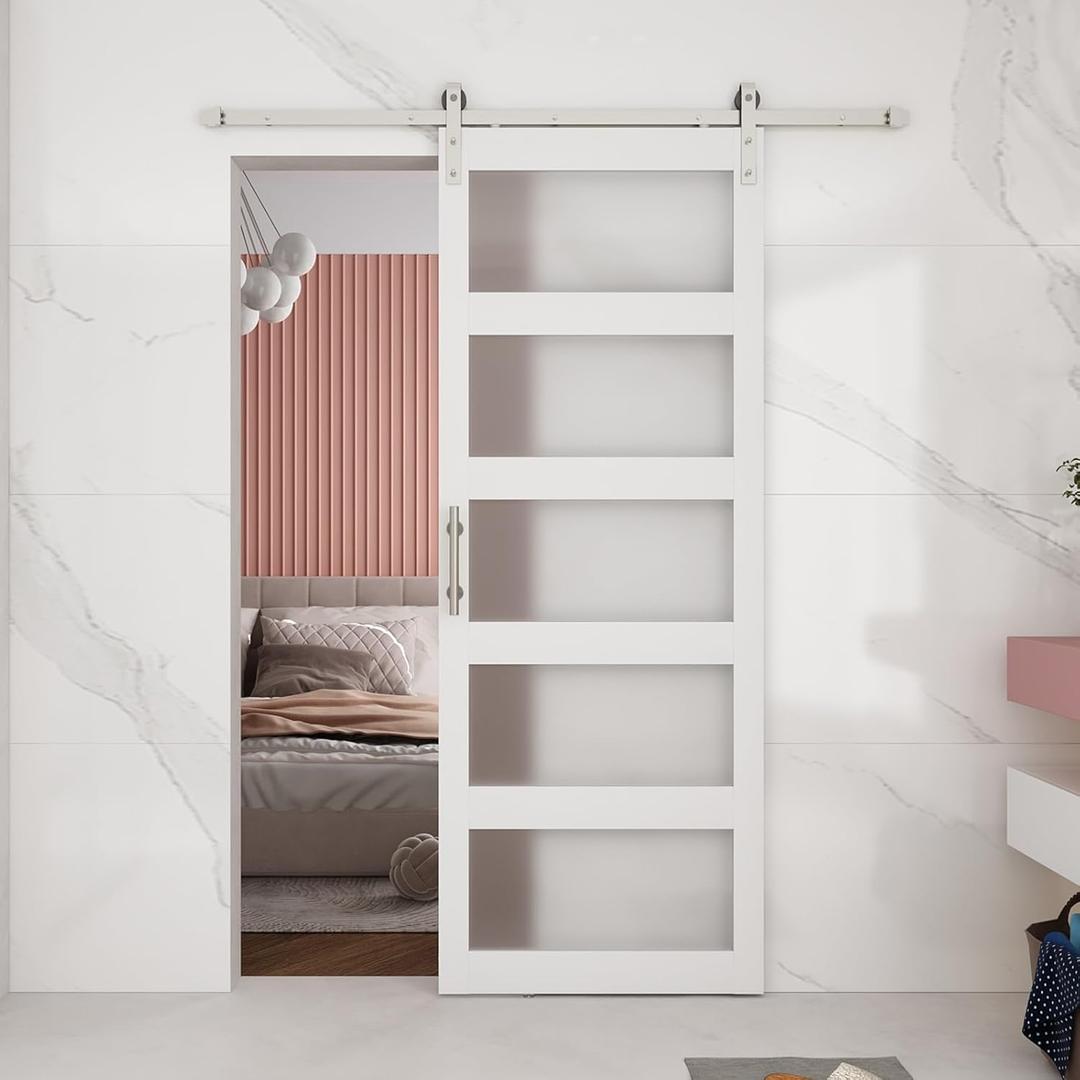 BARNSMITH 36in x 96in Glass Barn Door and 6.6FT Nickle Sliding Door Hardware Included, 5-Panel Frosted Glass, Solid Wood Covered with Water-Proof PVC Surface, Easy Assembly, White