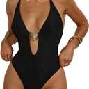 Milumia Women's One Piece Metal Cut Out Halter Swimsuit Sexy Deep V Neck Open Back Swimwear (Large, Black)