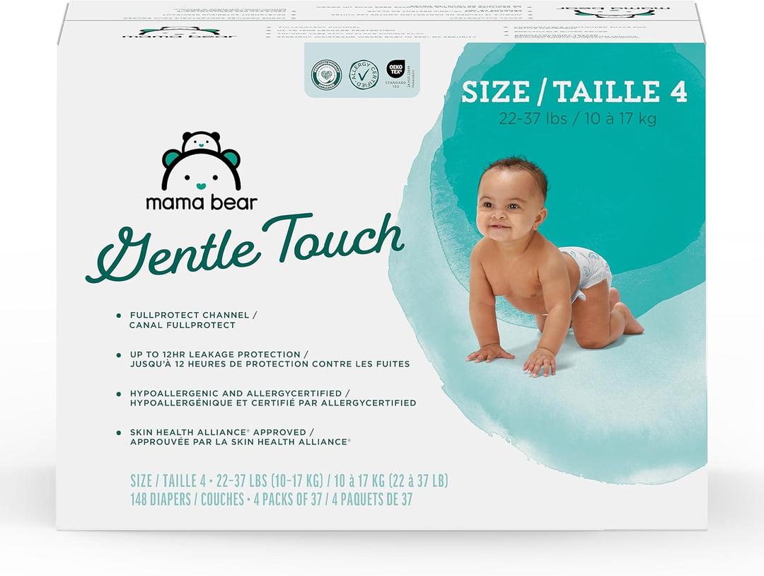 Amazon Brand - Mama Bear Gentle Touch Baby Diapers, Formulated without Fragrance, Size 4, 148 Count (4 packs of 37), with Skin Protection and Leak Protection