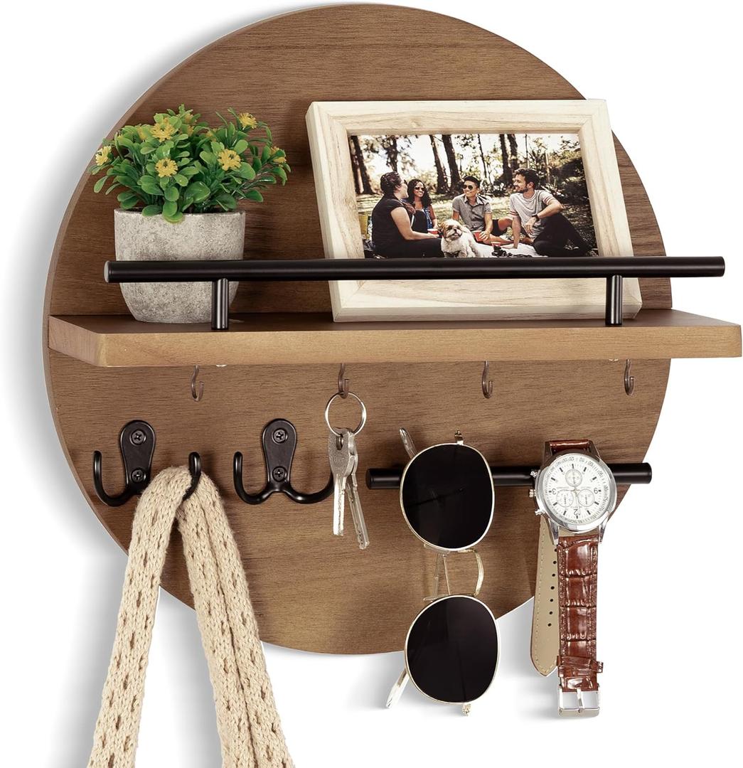dreampossible Key Holder for Wall Decorative with Shelf and Hooks, Mail Organizer Wall Mount with Sunglasses Holder, Circular Design Entryway Key Rack Hanger, Rustic Home Decor (Brown,Black)