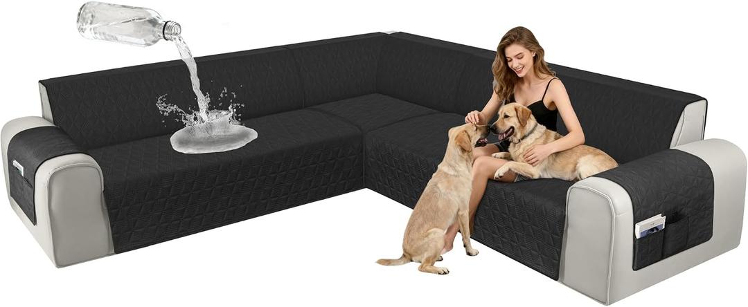 ALIECOM Corner Sectional Couch Covers Waterproof Washable L Shape Sofa Cover Protector Geometric Jacquard Sectional Slipcover Furniture Cover with Adjustable Strap for Pet Dog (Large, Black)
