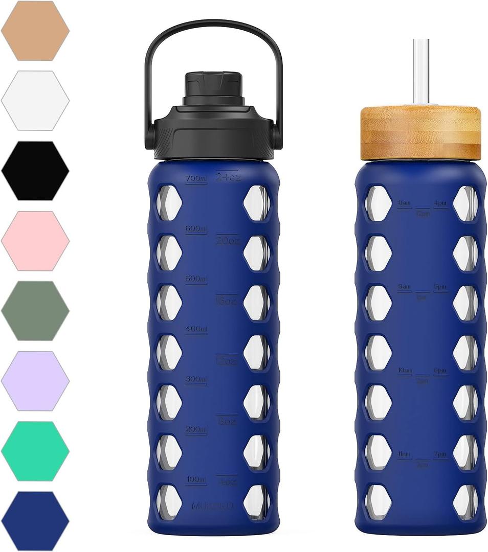 MUKOKO 24oz Glass Water Bottle with 2 Lids-Handle Flip Lid&Bamboo Straw Lid,Motivational Water Tumbler with Time Marker Reminder and Silicone Sleeve, Leakproof-Blue (Bule)