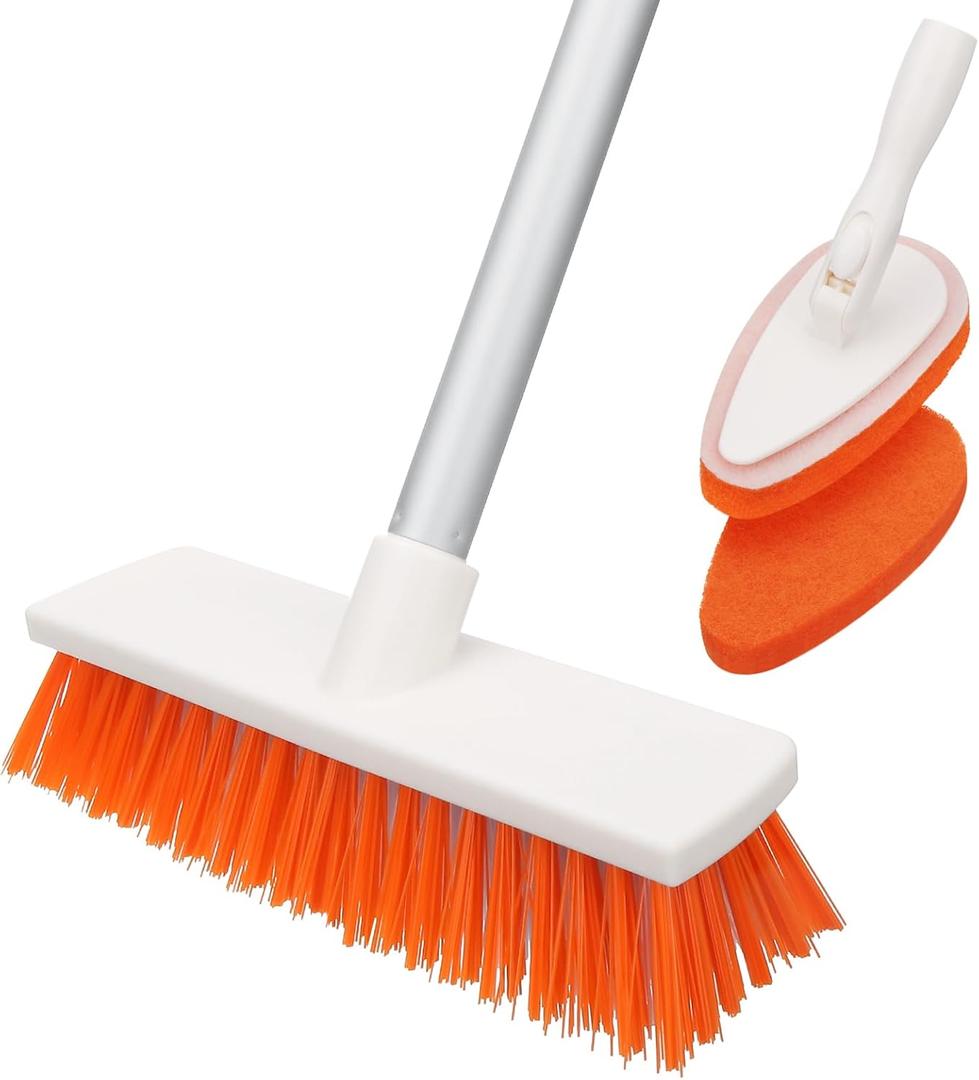 Qaestfy Floor Scrub Brush with Long Handle, Ajustable 62 Inch Handle, 2 Shower Bathtub Scrubber for Cleaning Bathroom Garage Kitchen Deck Tub Tile