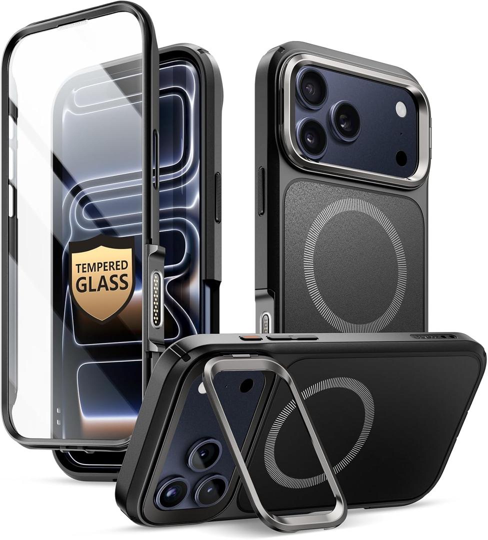 i-Blason for iPhone 17 Pro Max Case MagSafe with Stand [9H+ Tempered Glass Screen Protector] [Camera Control Button Cover] Military-Grade Protection Full-Body Heavy Duty Magnetic Case, Black