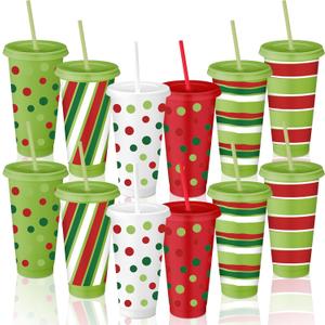 Vesici 12 Pcs Reusable Christmas Cups Gift Bulk 24 oz Plastic Coffee Cups Travel Mug Glitter Red and Green Christmas Reusable Tumbler with Lids and Straws for Xmas Party Supply Wine Hot Cold Drinks