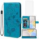 Vavies Case for Honor X9 4G/ Honor X9 5G/ Honor X30/ Honor Magic4 Lite Wallet Case with Tempered Glass Screen Protector, Flower Leather Flip Credit Card Holder Stand Phone Cover for Huawei Honor X9 Blue
