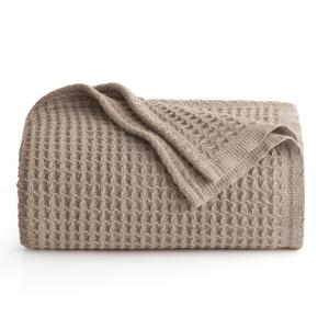 Bedsure Gentlesoft 100% Cotton Blanket King Size for Bed - Cooling Breathable and Soft for Summer, Thick Cozy Waffle Weave Blanket Gifts for Women, Light Brown, 104x90 inches