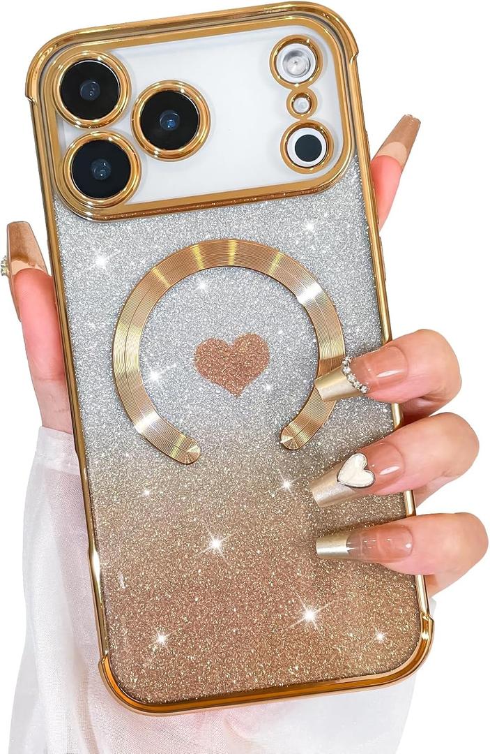 Bonoma Magnetic Glitter for iPhone 17 Pro [Compatible with MagSafe], Luxury Love Heart Pattern Plating Bling Case,Camera Protection Sparkly Slim Soft Back Cover for Women Girls,Gold