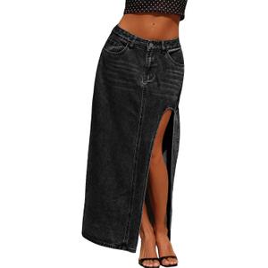 Jean Skirts for Women Maxi Side Slit Summer Trendy Denim Long Skirt (Black)