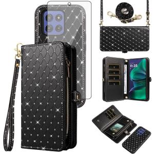 Asuwish Phone Case for Motorola Moto G Stylus 5G 2025 Zipper Detachable Wallet Cell Cover with Screen Protector Bling Crossbody Lanyard Strap Glitter Flip Card Holder Slot G5 Women Men Girls Black